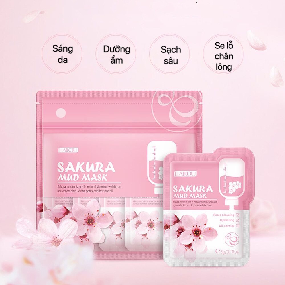 Mặt nạ bùn LAIKOU Hoa anh đào cấp nước sạch da kiềm dầu Japan Sakura Mud Mask gói nhỏ tiện lợi du lịch LAIK26