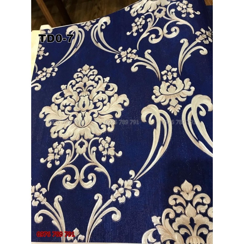 Giấy Dán Tường Hoa Văn Cổ Điển 3d Phòng Khách, Phòng Ngủ, Lụa Không Keo, Khổ 10m x 53cm, Màu Xanh