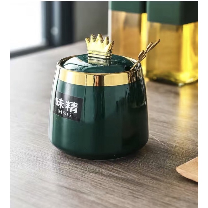 Bộ gia vị sứ xanh viền vàng 11 | 15 chi tiết nắp hình vương miệng hoàng gia