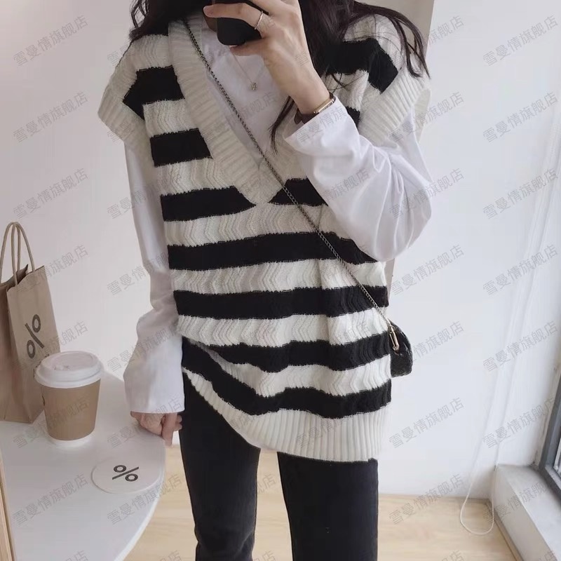 SUXI Áo Len Không Tay Dáng Rộng Họa Tiết Kẻ Sọc Thiết Kế Mới Thời Trang Mùa Thu Dành Cho Nữ