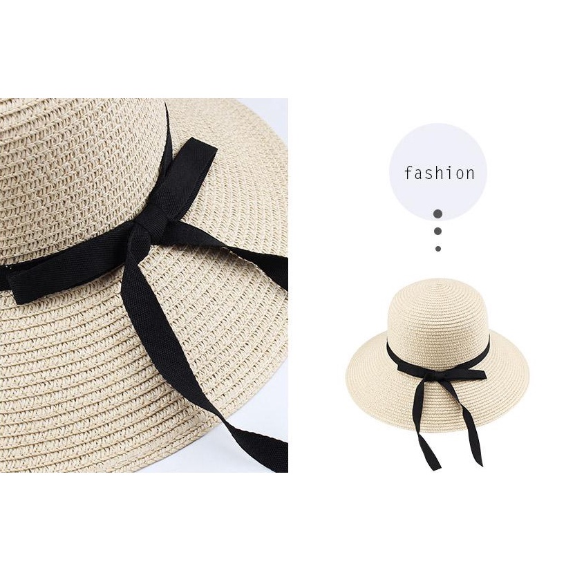 Mũ cói đi biển Cloche - mũ chuông vành rộng - viền dây nơ đen dài