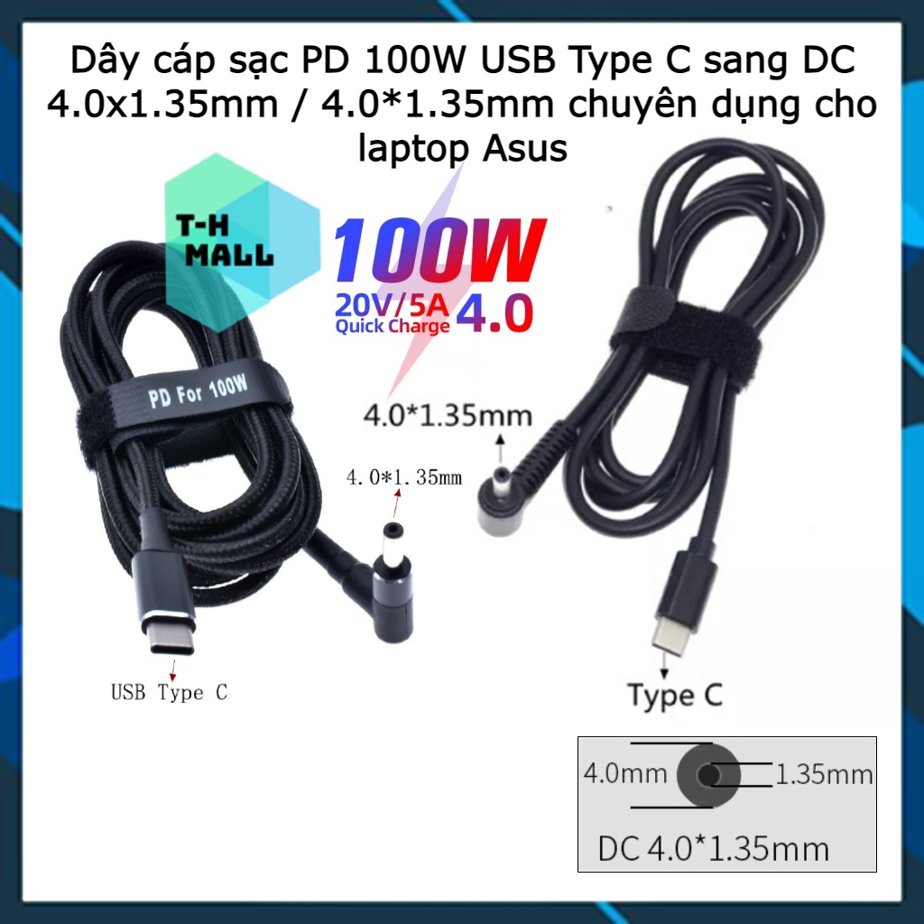 Dây cáp sạc PD 100W USB Type C sang DC 4.0x1.35mm / 4.0*1.35mm chuyên dụng cho laptop Asus