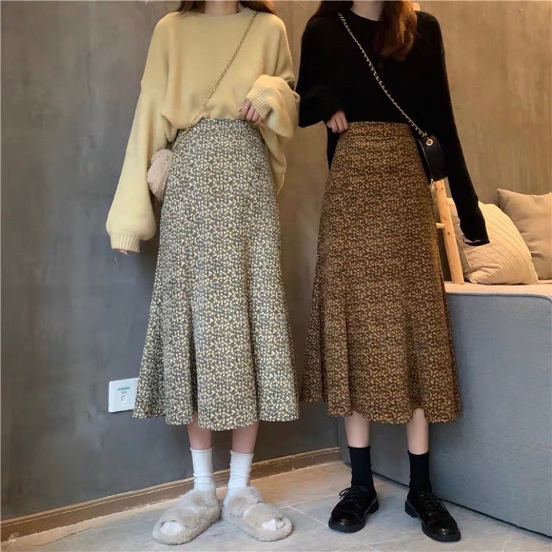 Chân váy midi CV hoa nhí xoè đuôi cá nhung tăm có khoá kéo cv1518 Ulzzang style 🌸 Hàng Quảng Châu