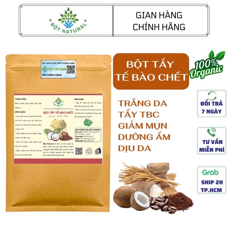 Bột cà phê dừa cám gạo 1Kg - bột tẩy tế bào chết organic, dịu da, giảm mụn, sáng mịn | Bột Natural