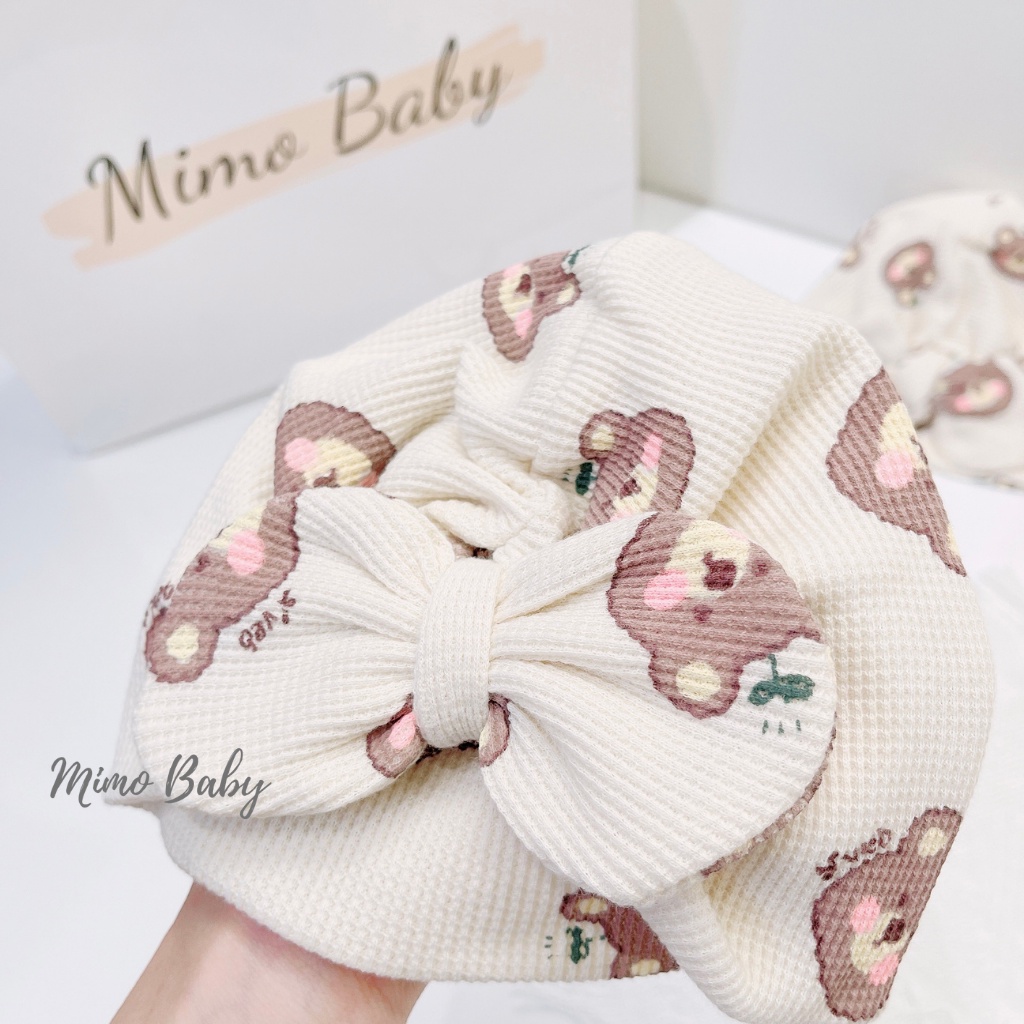 Mũ turban màu be họa tiết gấu má hồng dễ thương cho bé MTB148 Mimo Baby