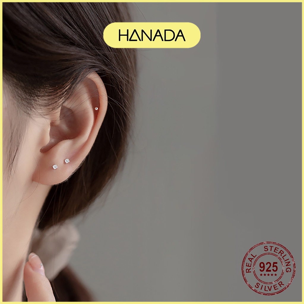 Bông Tai Bạc Nguyên Chất 999 Hanada Giữ Lỗ Đính Đá Đầu Bi Bông Nụ Không Đeo Chuôi Nam Nữ 1032
