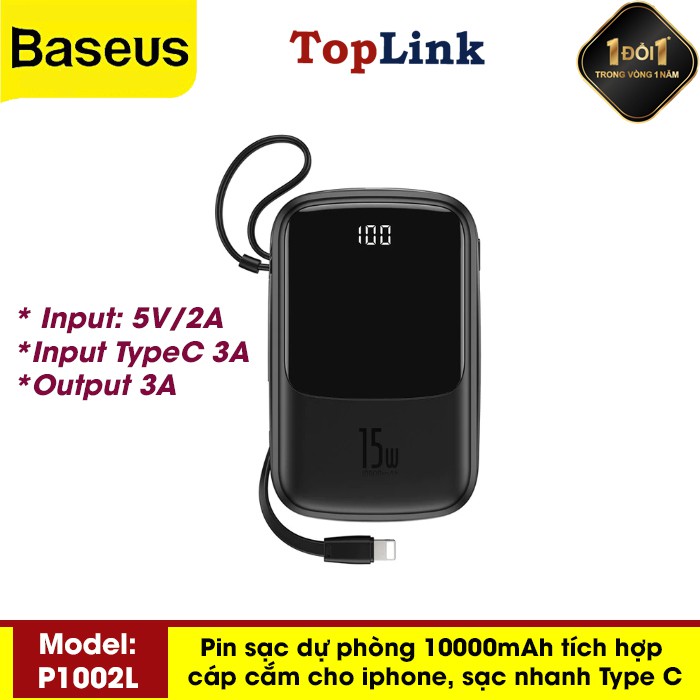 Pin Sạc Dự Phòng BS-P1001L 10000mah Power Bank 3A Công Suất 15W Tích Hợp Cáp Sạc Lightning Cho Iphone, hỗ trợ sạc nhanh