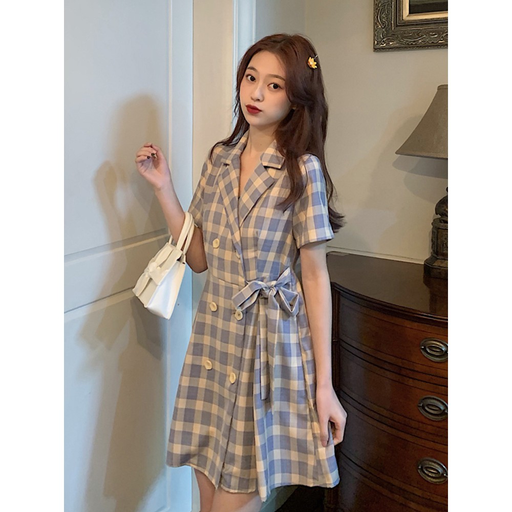 (ORDER) Váy sơ mi cổ vets kẻ sọc xanh dương cài dọc khuy thắt nơ eo điệu đà trẻ trung Hàn Quốc hè 2020