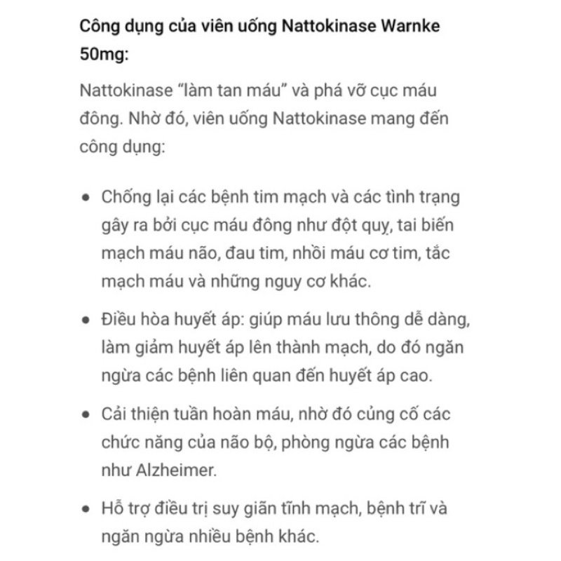 Viên uống phòng ngừa Đột Quỵ ,tai biến mạch máu não Nattokinase Warnke 50mg 100mg - Hàng nội địa Đức