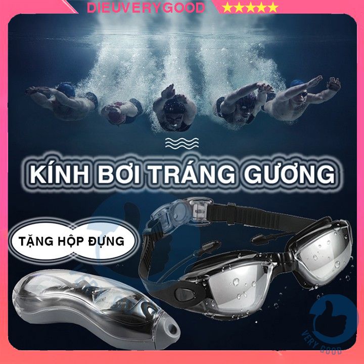 Kính bơi tráng gương (tặng hộp đựng) kèm bịt tai chống tia UV cho trẻ em và người lớn dvg dieushop