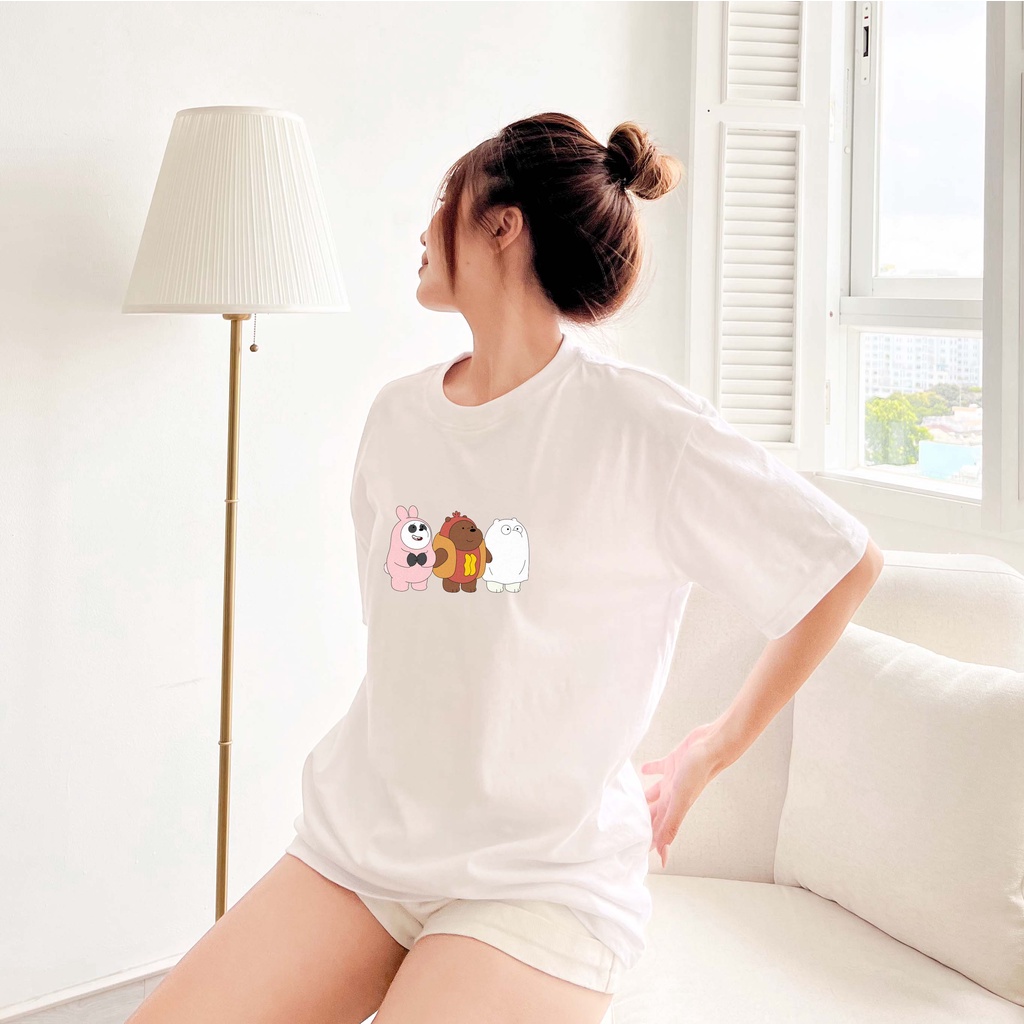 Áo thun unisex hoạt hình WE BARE BEARS vải cotton oversize tay lỡ form rộng