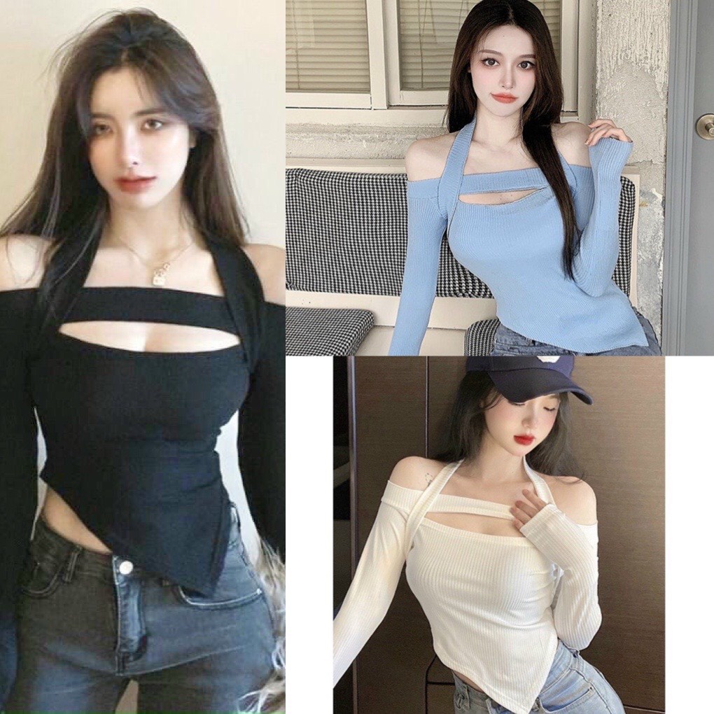 Áo kiểu nữ khoét ngực dây tròng cổ dài tay