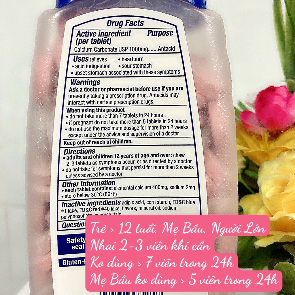 ❤️   Viên nhai bao tử Tums 1000 Antacid Calcium Carbonate Ultra Strength 265 viên Mỹ Chewable