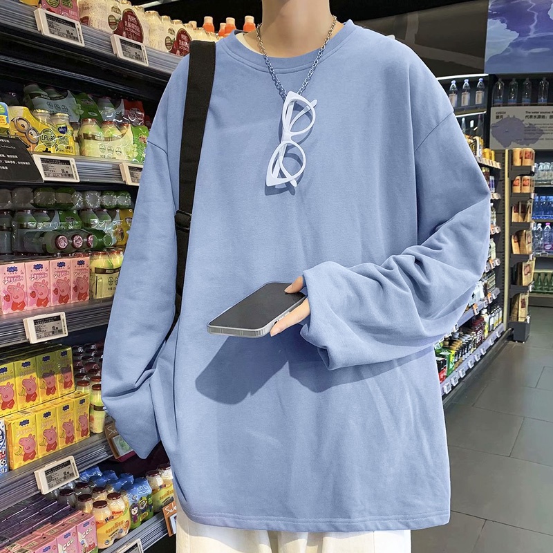 Áo thun tay dài cổ tròn size lớn M-5XL màu trơn thời trang dành cho nam