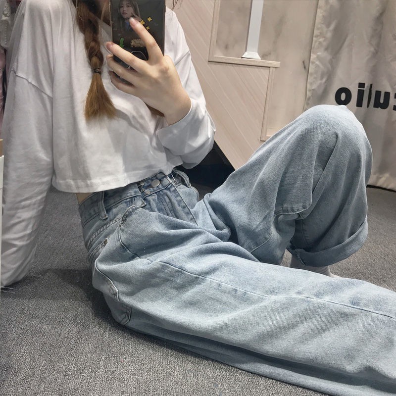 LEEVA - Quần jeans nữ dài ống suông phối nút gài eo Q035