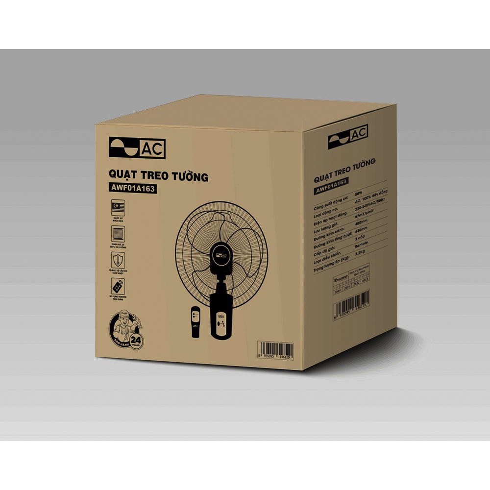 Quạt treo tường AC AWF01A163 Made in Malaysia, công suất 50W, remote điều khiển