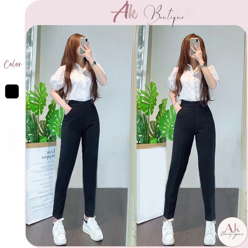 Quần tây nữ lưng thun cạp lưng cao dáng baggy suông dài kiểu basic màu đen khoá sườn mặc đi học sinh viên đi làm công sở