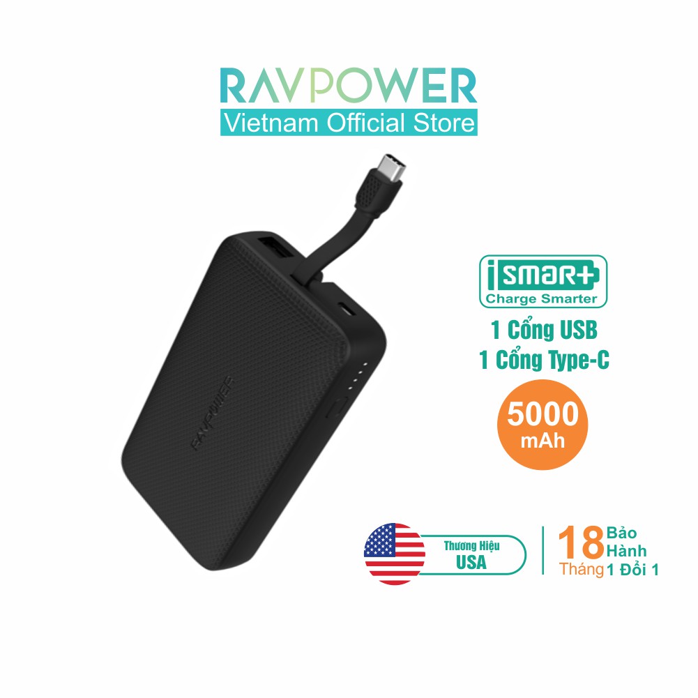 Pin Sạc Dự Phòng RAVPower 5000mAh 10W Tích Hợp Cáp Type-C, Thiết Kế Siêu Mỏng