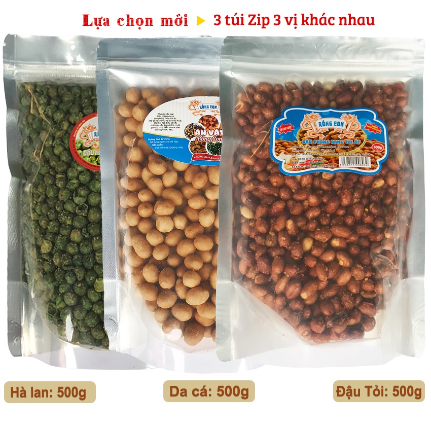 Combo 3 Túi Zip: Đậu Phộng Da Cá 500gr - Đậu Hà Lan 500gr - Đậu Hà Lan Snack Que 350gr Rồng Con - Đồ Ăn Vặt