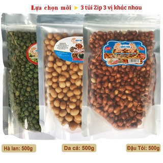 Combo 3 Túi Zip: Đậu Phộng Da Cá 500gr - Đậu Hà Lan 500gr - Đậu Hà Lan Snack Que 350gr Rồng Con - Đồ Ăn Vặt