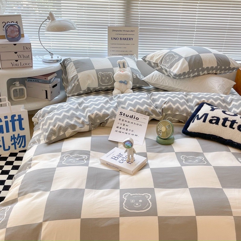 Set chăn ga gối 4 món cotton living gấu xám