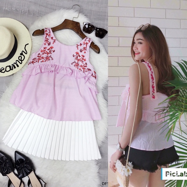 ❌BIG SALE Áo Sát nách thô phối peplum thêu hoa đối xứng phối bèo ngực❌