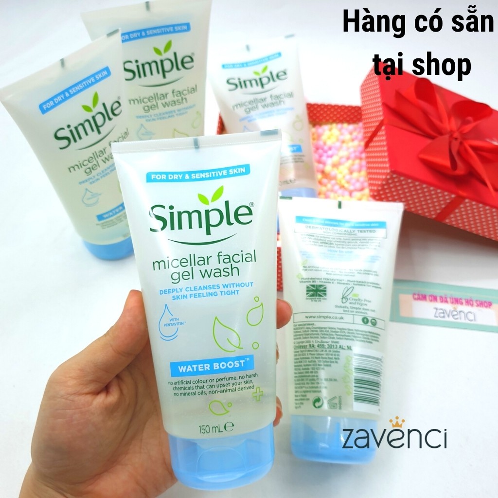 Sữa rửa mặt SIMPLE Water Boost Micellar Facial Wash Gel cấp nước da khô 150ml - ZAVENCI Official