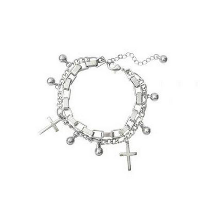 Vòng tay 3 hàng xích hạt tròn thánh giá lắc tay nam nữ unisex thời trang cá tính Hàn Quốc