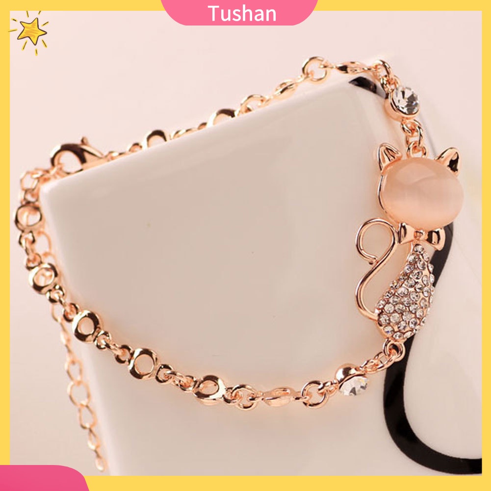 TUSH_Fashion Cat Shape Faux Opal Rhinestone Inlaid Charm Lady Bangle Bracelet Jewelry