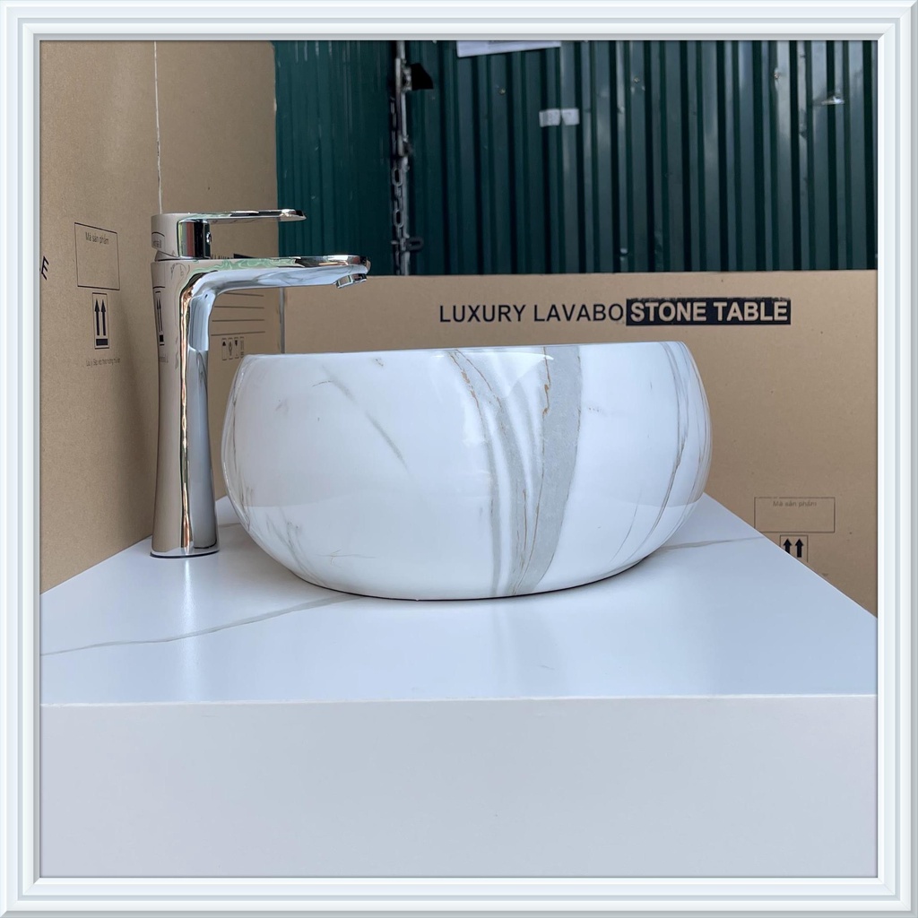 Chậu rửa mặt - Lavabo elip đặt bàn họa tiết vân đá trắng KT 50x31, 40x30cm