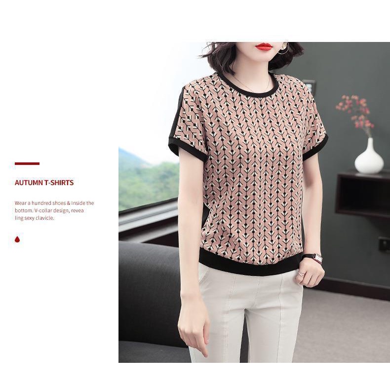 Áo thun tay ngắn dáng rộng họa tiết kẻ sọc thời trang mùa hè cho phụ nữ trung niên