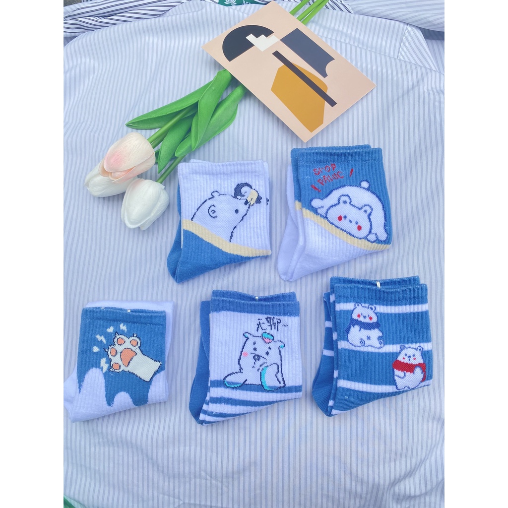 Tất trắng Muzini tất cổ cao tone xanh hoạt tiết gấu nhiều hình cute TN222