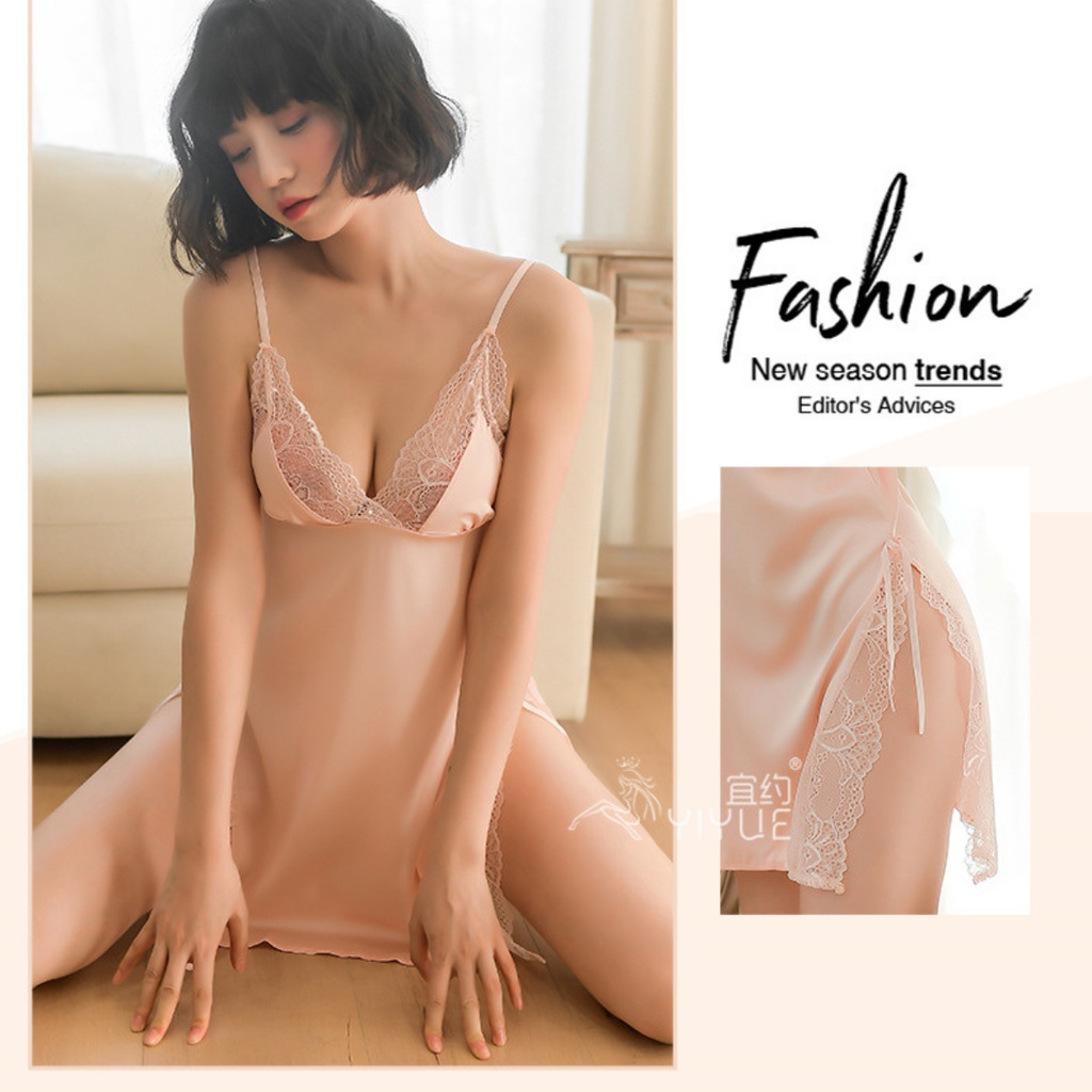 Váy ngủ 2 dây lụa sexy liền thân, ren ngực xẻ tà gợi cảm - Tặng kèm quần chip G string - Đồ ngủ nữ