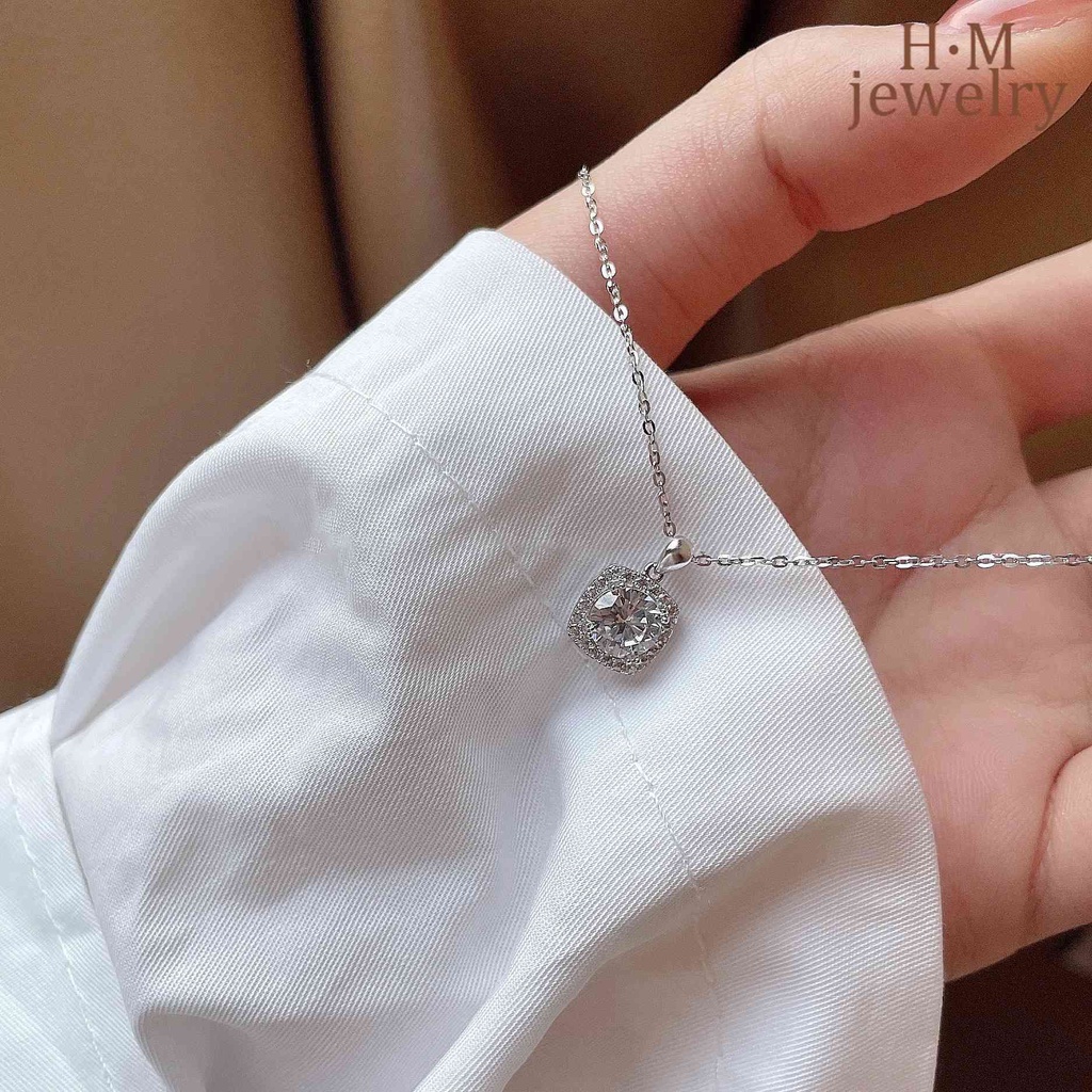 Vòng cổ Bạc 925 Mặt Vuông Đính Đá Siêu Lấp Lánh Đơn Giản Dễ Phối Đồ