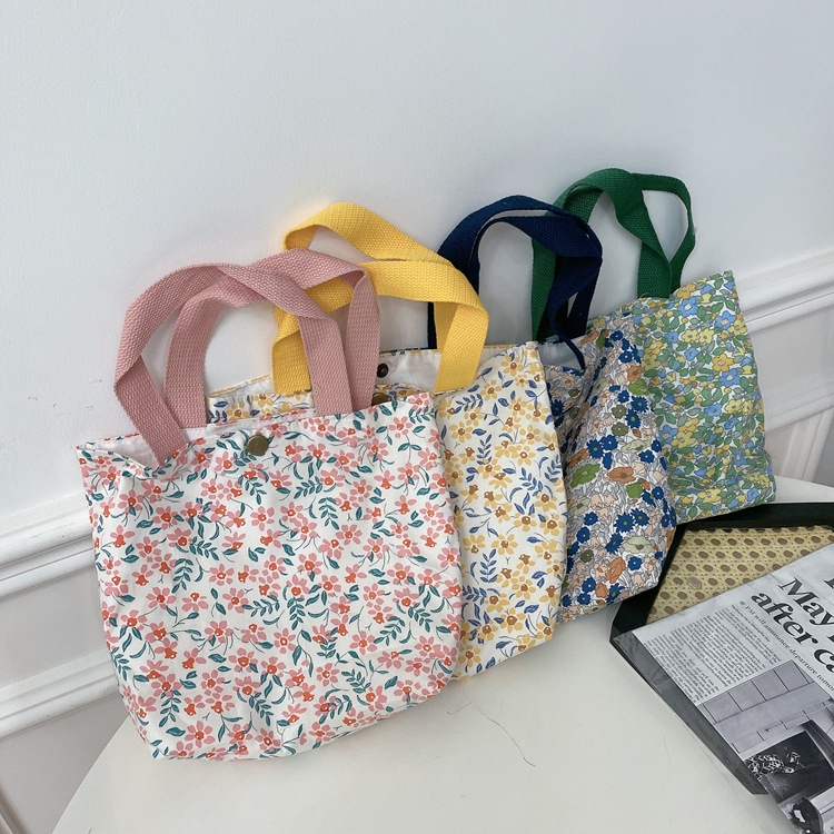 Túi Xách Tay Hai Lớp Bằng Vải Canvas In Hoa Dễ Thương Dành Cho Nữ