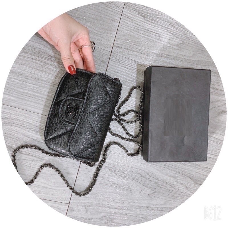 Túi Mini Nữ , Túi Đeo Chéo Da Hạt Logo Dây Xích Đen trer trung TX081 - memin