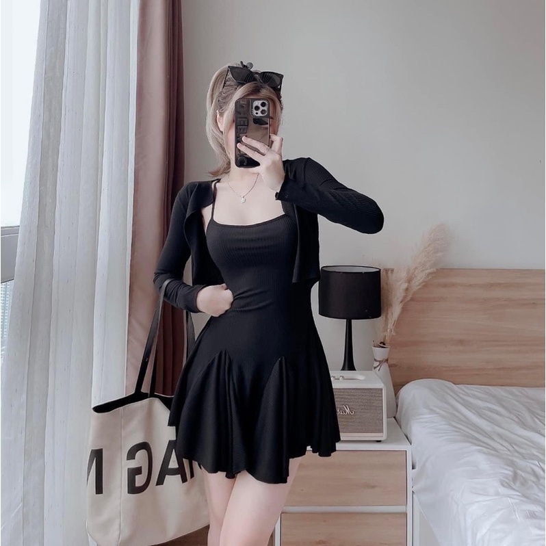SET ĐẦM GÂN 2 DÂY ĐUÔI CÁ + ÁO KHOÁC GÂN NÚT