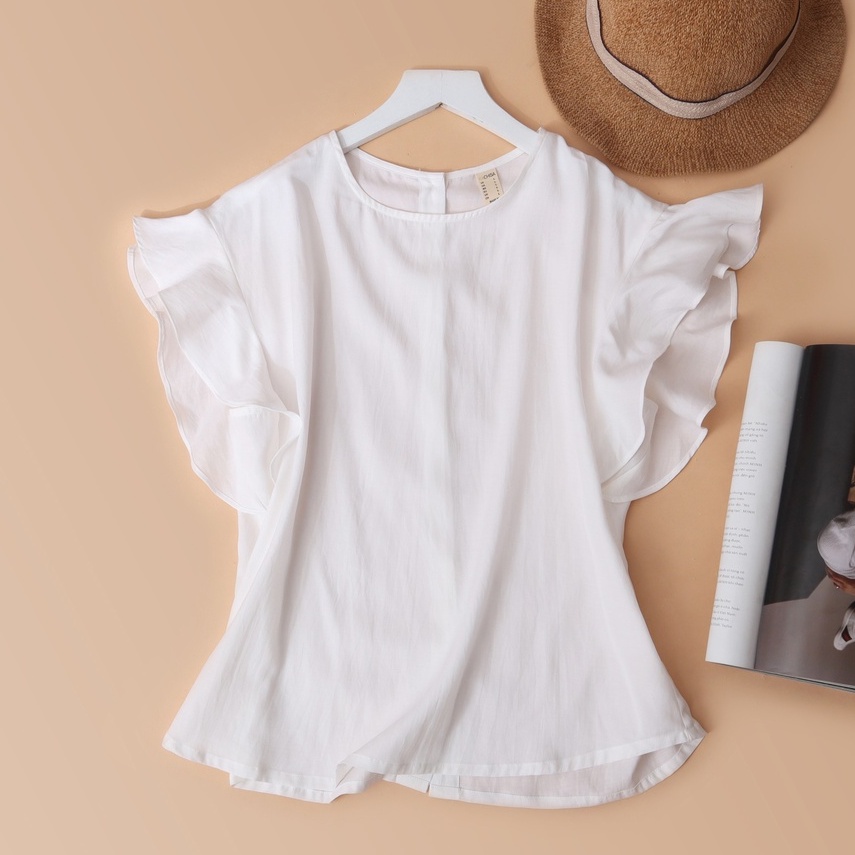 Áo tơ cotton KACHISA màu trắng tay cánh tiên
