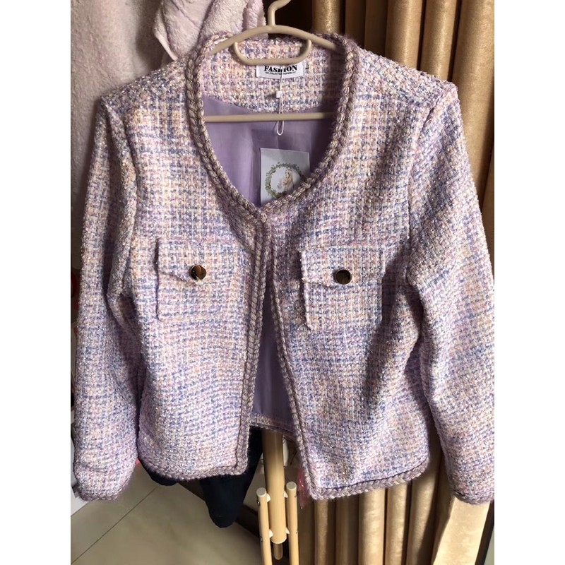 Áo khoác dạ tweed tím/hồng cổ tròn dáng ngắn