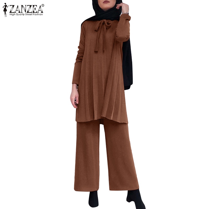 Bộ đồ hồi giáo ZANZEA gồm áo tay dài cổ buộc dây và quần ống rộng eo cao xếp ly thanh lịch cho nữ