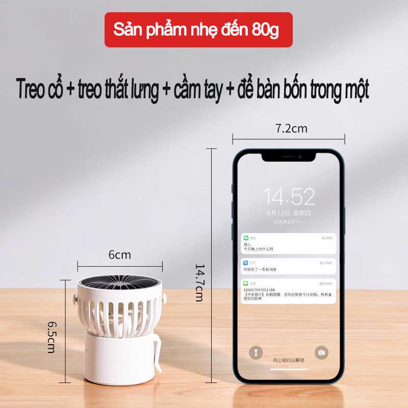 Quạt mini tích điện cầm tay có đế để bàn 3 tốc độ gió Quạt đeo cổ mini 3 màu tích điện usb pin trâu 1400mah