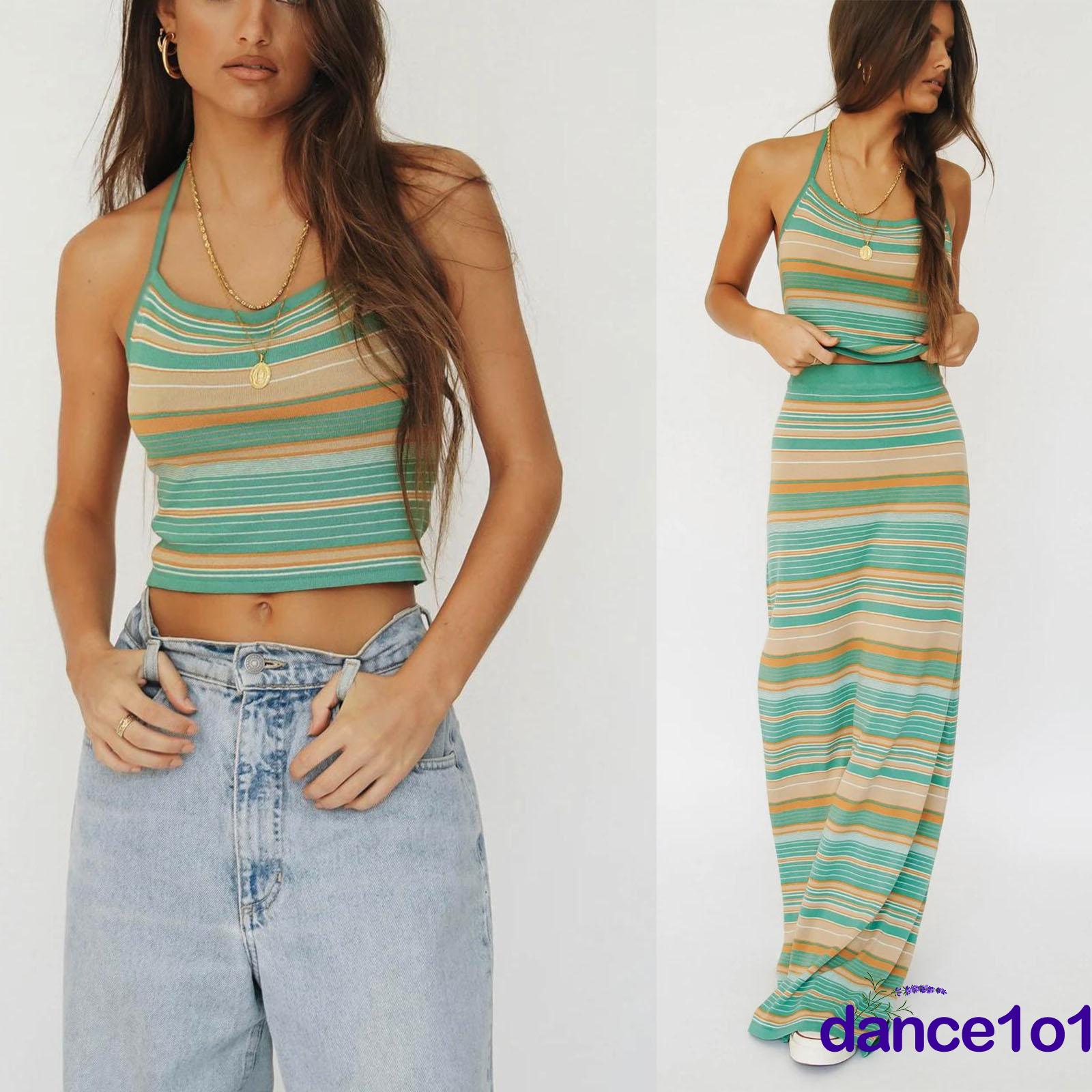 Bộ Áo Crop Top 2 Dây + Chân Váy Maxi Họa Tiết Sọc Gợi Cảm Cho Nữ