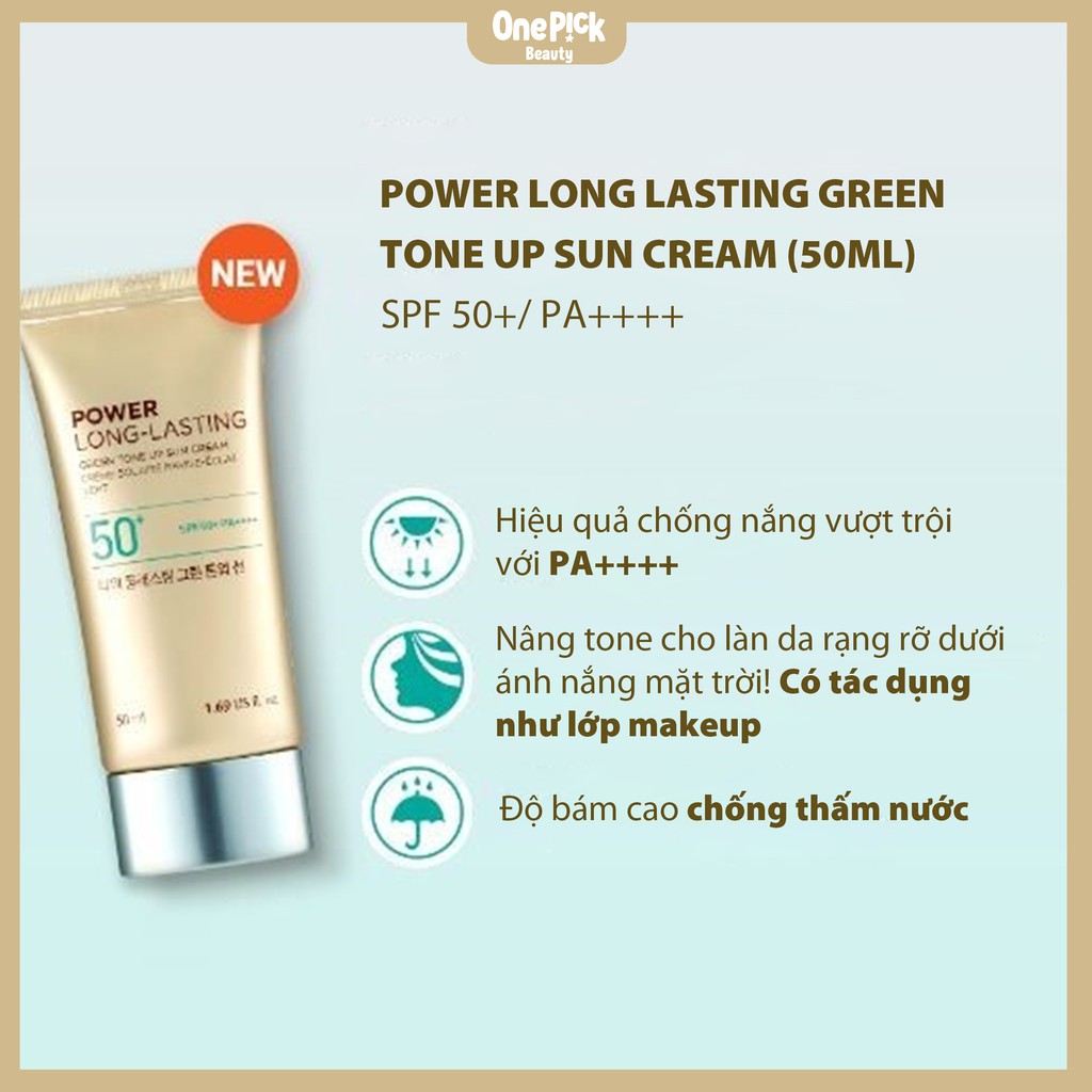 Kem chống nắng The Face Shop SPF50+ PA++++, nâng tone, làm dịu da, kháng nước vượt trội và ngăn ngừa bụi mịn cho làn da rạng rỡ dưới ánh mặt trời [POWER LONG LASTING GREEN TONE UP SUN CREAM SPF50+ PA++++ THE FACE SHOP 50ML]