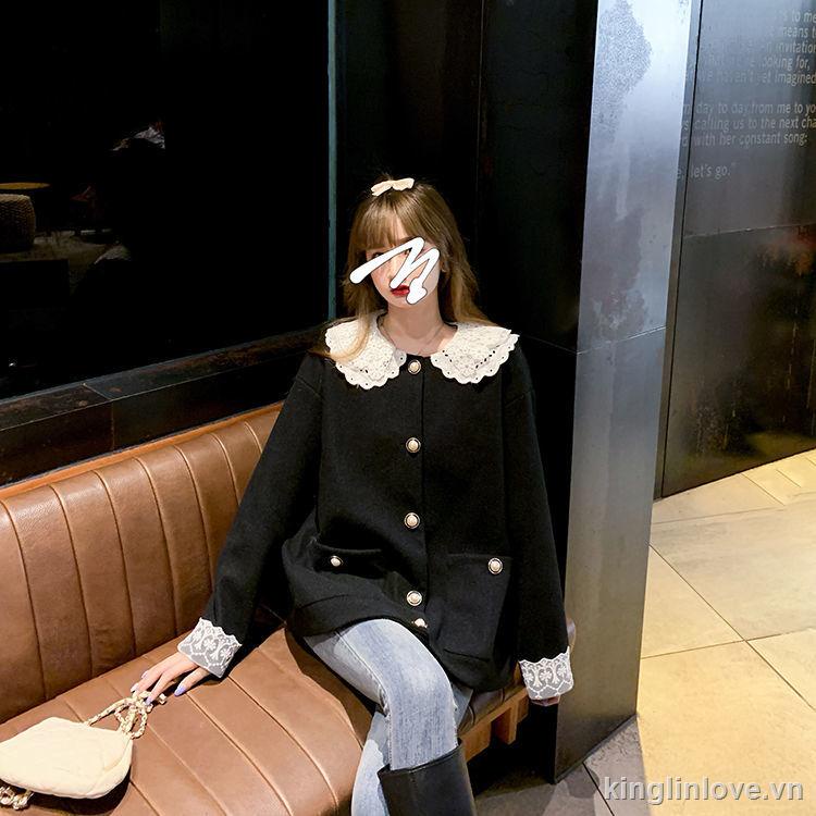 ❤Nước hoa quà tặng❤Đen Áo Khoác Cardigan Tay Dài Dáng Rộng Phối Ren Thời Trang Cho Nữ