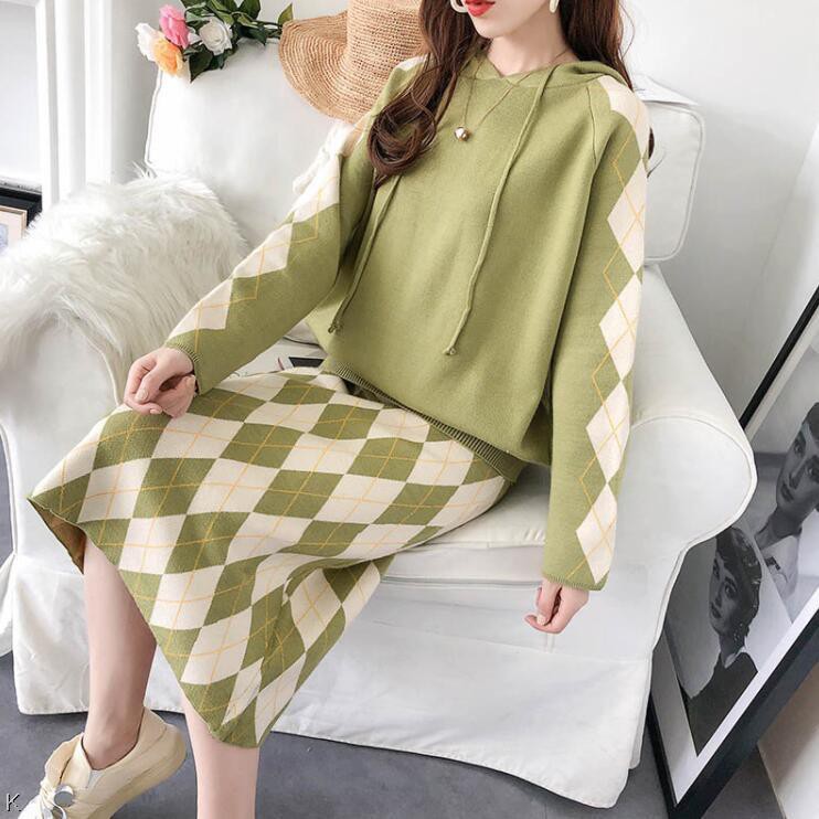Bộ Áo Hoodie Dệt Kim Phối Chân Váy Thời Trang Mùa Thu Cho Nữ