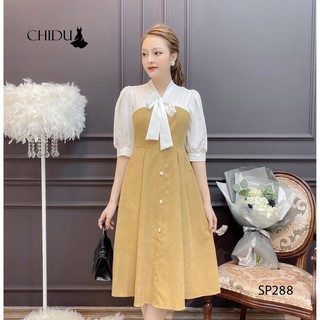 CHIDU váy nhung cổ nơ dáng xoè SP288