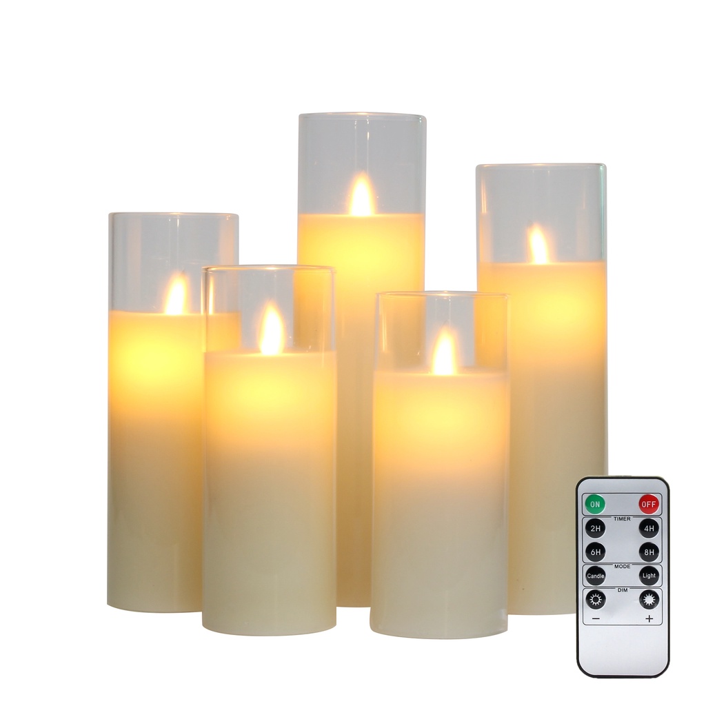 Bộ 5 Cây Nến Không Lửa Chạy Bằng Pin Có Đèn LED Và Đồng Hồ Bấm Giờ Điều Khiển Từ Xa 10 Nút
