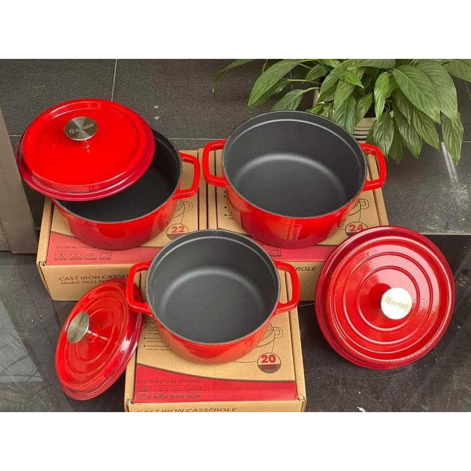 Bộ nồi gang đúc tráng men Rapido chính hãng kích cỡ 20, 22, 24cm dùng cho tất cả các loại bếp