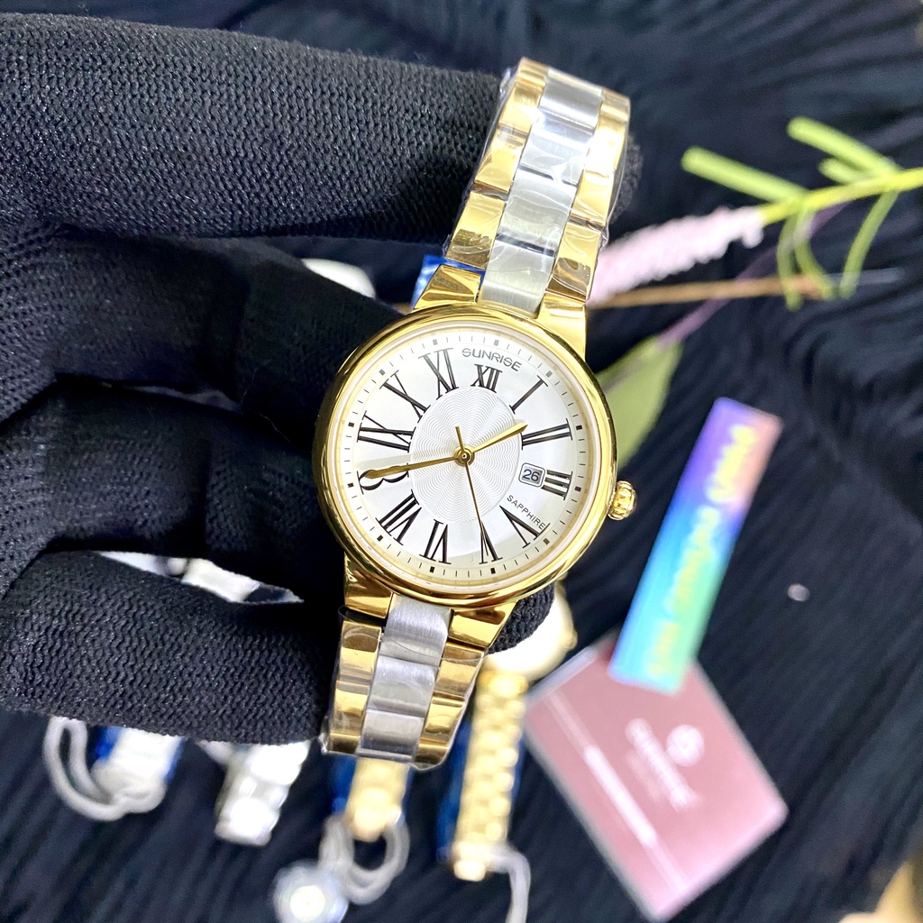 Đồng hồ nữ dây kim loại mặt kính chống xước sapphire Sunrise 2133 2133SA SL2133LSK trắng