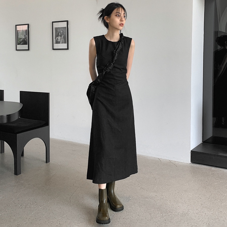 Đầm hai dây ZHELIHANGFEI dáng dài lưng cao màu trơn kiểu retro Pháp thời trang mùa hè